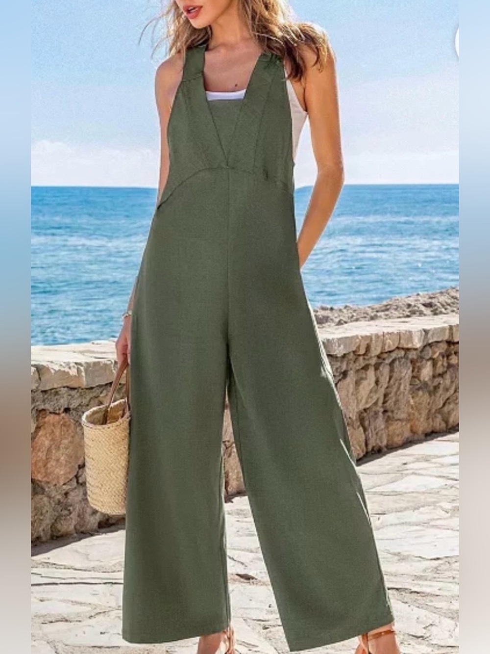 Cupshe NWT M Olive GREEN faux-suede-feel Wide-Leg overalls Jumpsuit